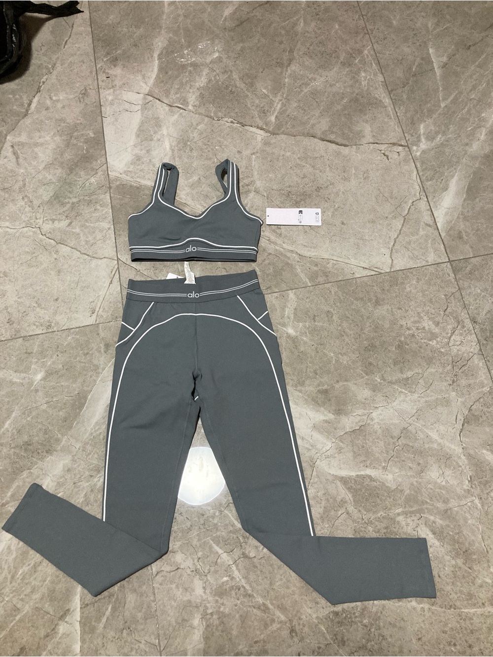 ALO Yoga Charcoal Grey Sports Bra & Leggings Set with White Piping